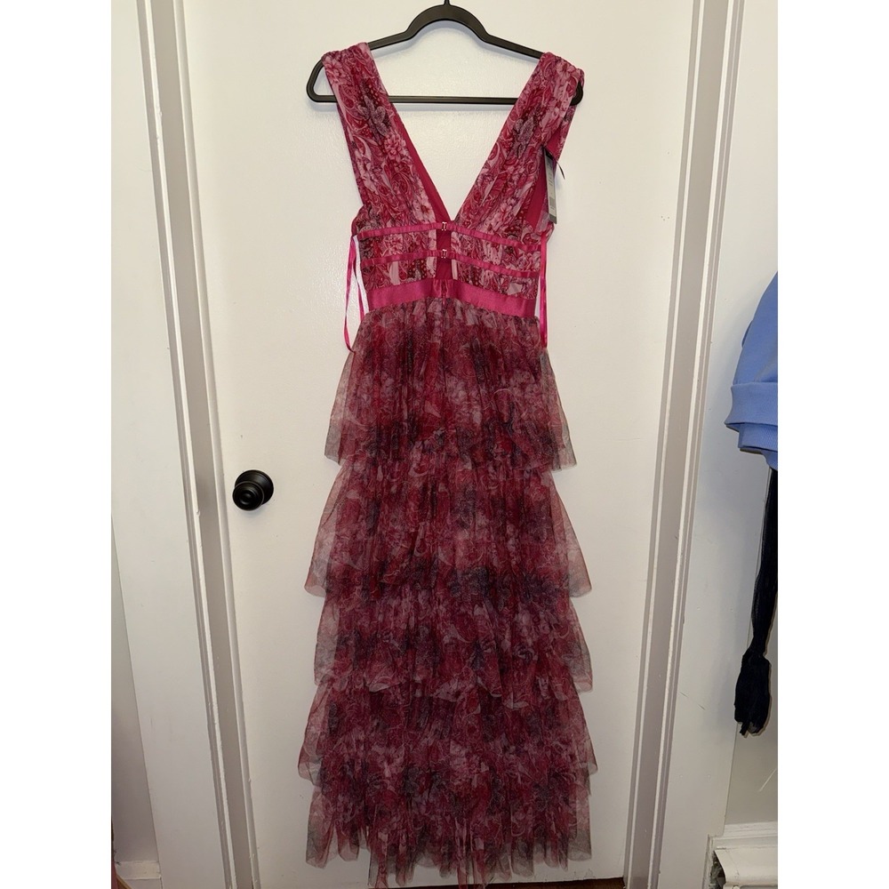 NWT Bebe Tiered High Low Mesh Maxi Dress Pink Floral Paisley Gown Size Small - Picture 4 of 10